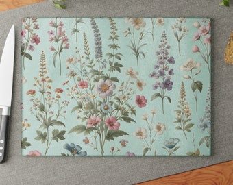 Cottage Charm Pastel Wildflower Garden Tempered glass cutting board
