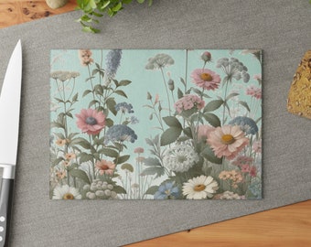 Cottagecore Pastel Wildflowers Vintage Illustration Tempered Glass Cutting Board