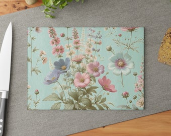 Pastel Meadow: Wildflower Serenity Vintage Botanical Tempered Glass Cutting Board